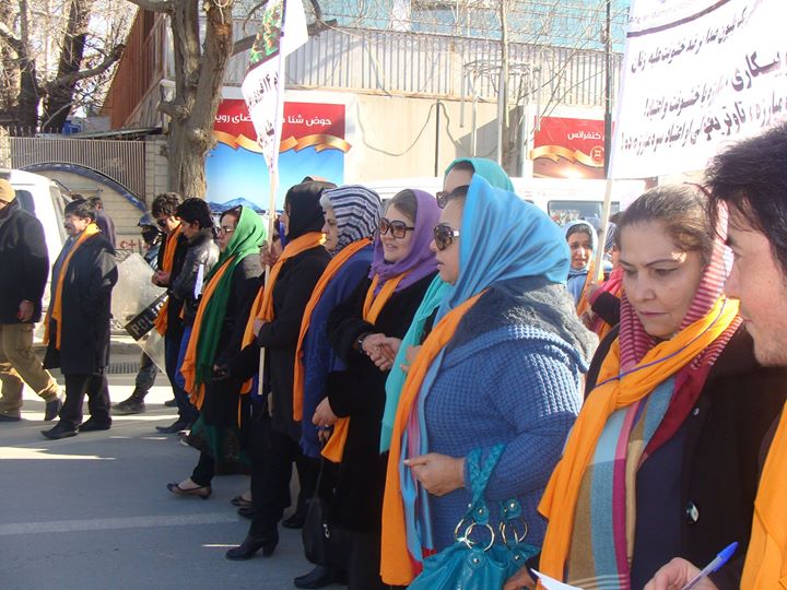 Afghan women demonstrate on Feb. 13 in Kabul showing their opposition to violence against women. They chant: "Justice! Justice!" and "No more violence! Photo by Afghan Women's Network, www.afghanwomensnetwork.org.
