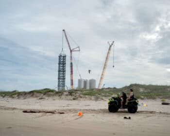 IAFSpaceXBEACHGOERS | MR Onlinenbsp | TWO BEACHGOERS RIDE PAST THE SPACEX LAUNCH FACILITY AT BOCA CHICA BEACH PHOTO IVAN | MR Online